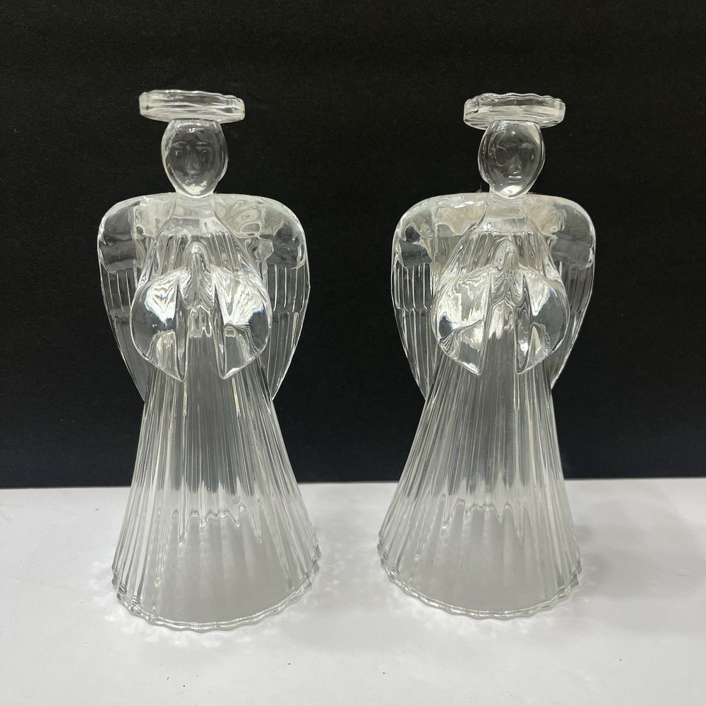 Vintage Christmas Angel Candle Holders Set Of 2 Clear Glass Taper Candles 7.25"